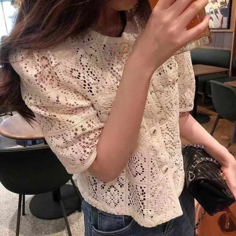 Shirt Women Lace Solid Minimalist Hollow Out Popular Leisure All-match Female Temperament  Tender Korean Style Summer New