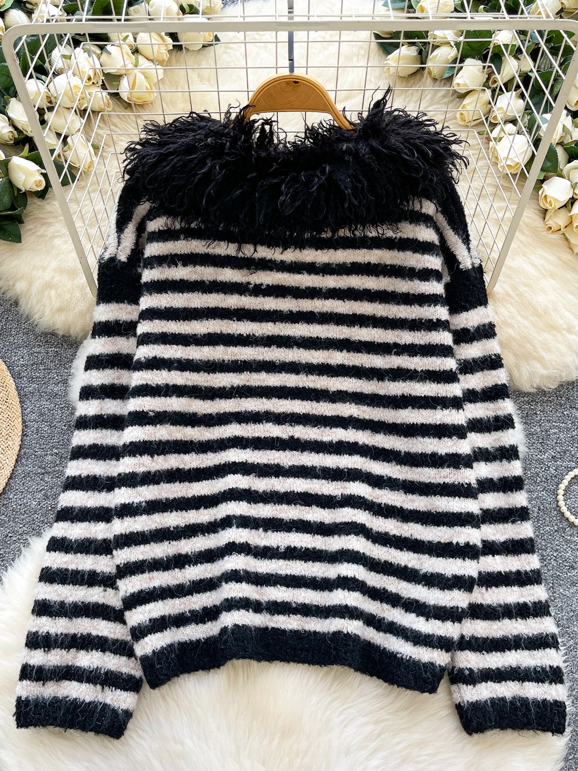 Dongda Gate سترة نسائية محبوكة فضفاضة V-Ne لون Blo شريط Faion خريف شتاء دافئ حراري طويل Sve