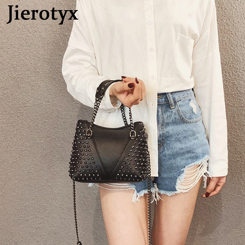 JIEROTYX Studded Shoulder Bag for Women Leather Punk Style Rock Rivet Crossbody Bag Handbag with Chain Wallet Purse for Girls