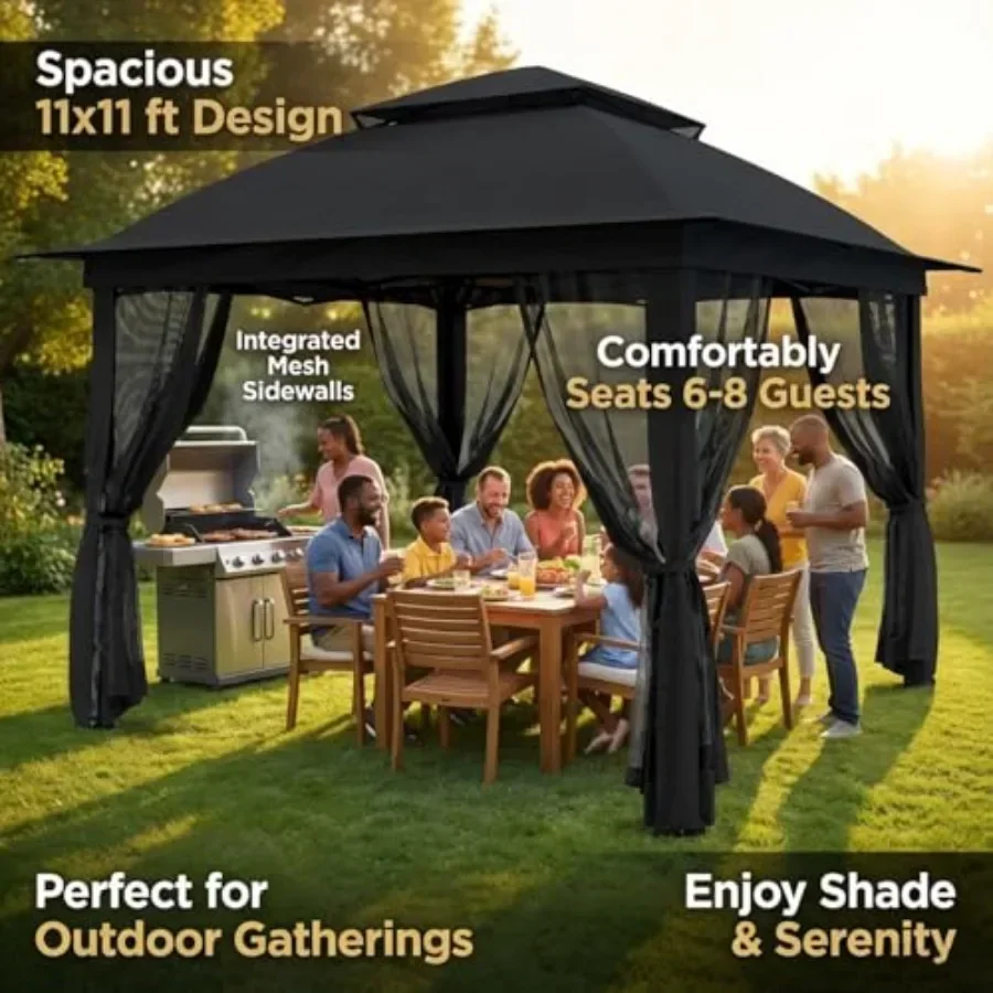11'X11' Gazebo Pop Up with 4 Sidewalls Mosquito Netting Heavy Duty Patio Gazebo  Tent with Double Air Roofs for Backyards Patio