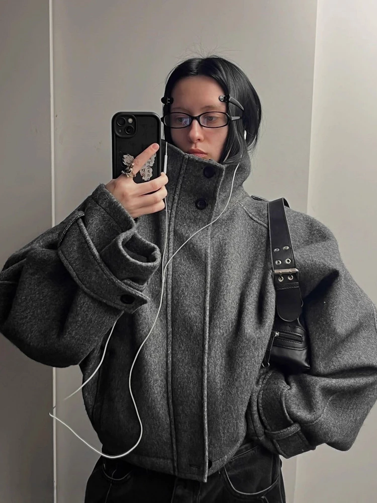 

FSMG Vintage Loose Stand Collar woolen coat For Women Casual Solid Full Sleeve warm Cropped Overcoat Fashion High Street Outwear