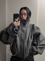 FSMG Abrigo de lana vintage con cuello levantado para mujer, informal, de manga larga, cálido, corto, a la moda, estilo urbano
