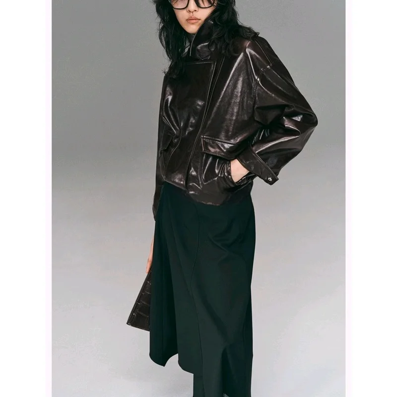 American Sle 여성용 패션 모터사이클 재킷 롱 슬리브 턴다운 칼라 코팅 가죽 코트 가을 겨울 신상품