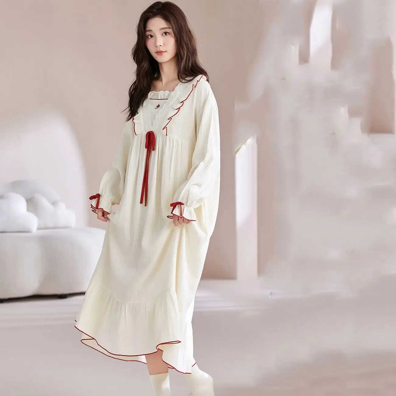 

Women's Sleeping Skirt Spring Autumn Long Sleeve Ruffle Soft Pajama 2026 New Loose Sweet Princess Style Medium length Dress
