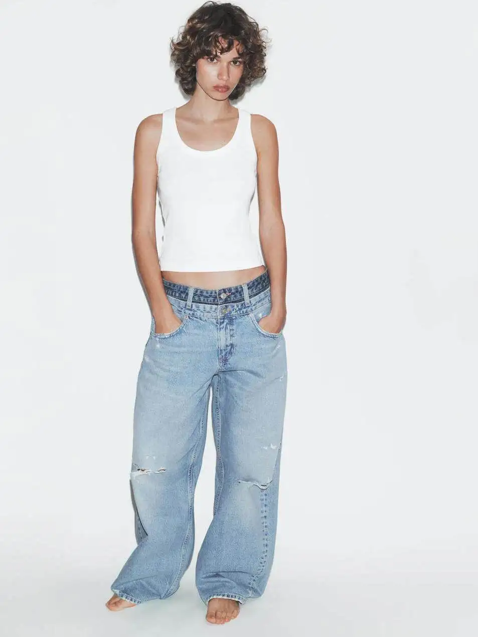 Loose Straight Leg Jeans Women's Fashion Double Layer Waist Spring New Style Casual Loose Fit mid Rise Blue Denim Jeans