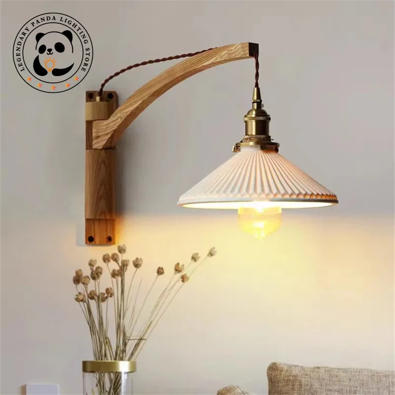 

Japanese Wooden Wall Lamps Vintage Swing Folding Lampshade Light Fixture Bedroom Bedside Parlor Study Home Decoration Luminarias