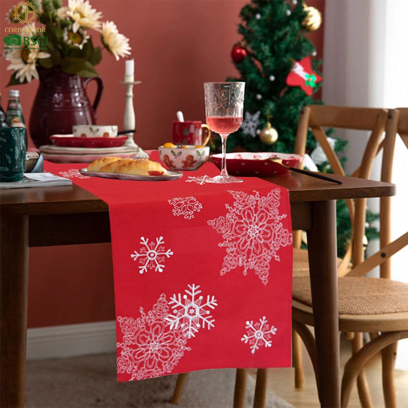 

White Snowflake Embroidered Christmas Table Flag Snowman Dining Table Decoration Cloth Cover