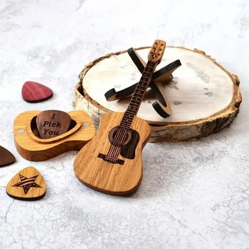 Estuche de exposición para púas de guitarra, organizador de púas de guitarra acústica de madera, contenedor de almacenamiento para púas de guitarra, estante en forma de guitarra para exhibición de púas de bajo