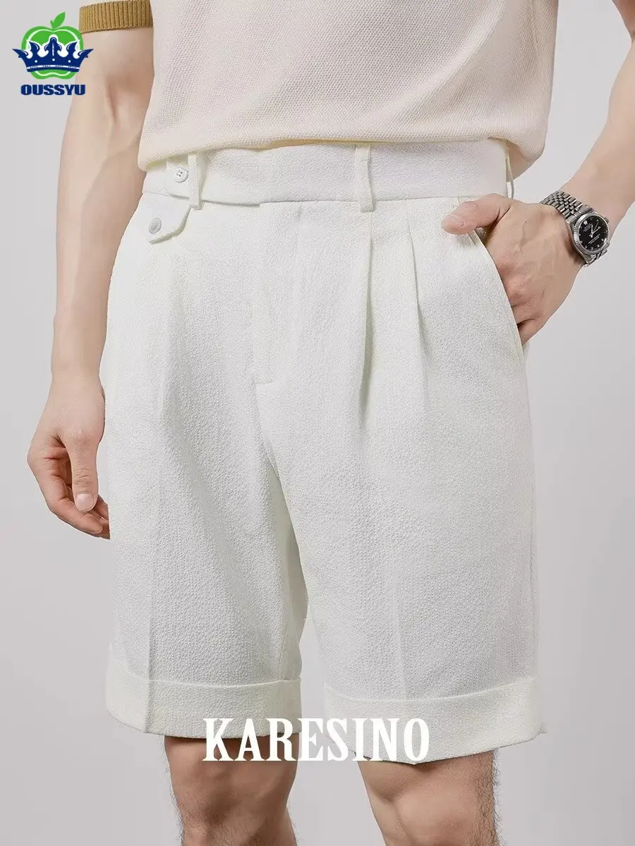 

Brand Clothing Summer Breathable Bubble Yarn New Fabric Men's Shorts British Style Casual Baggy Sports Suit Short Waist Wrinkles