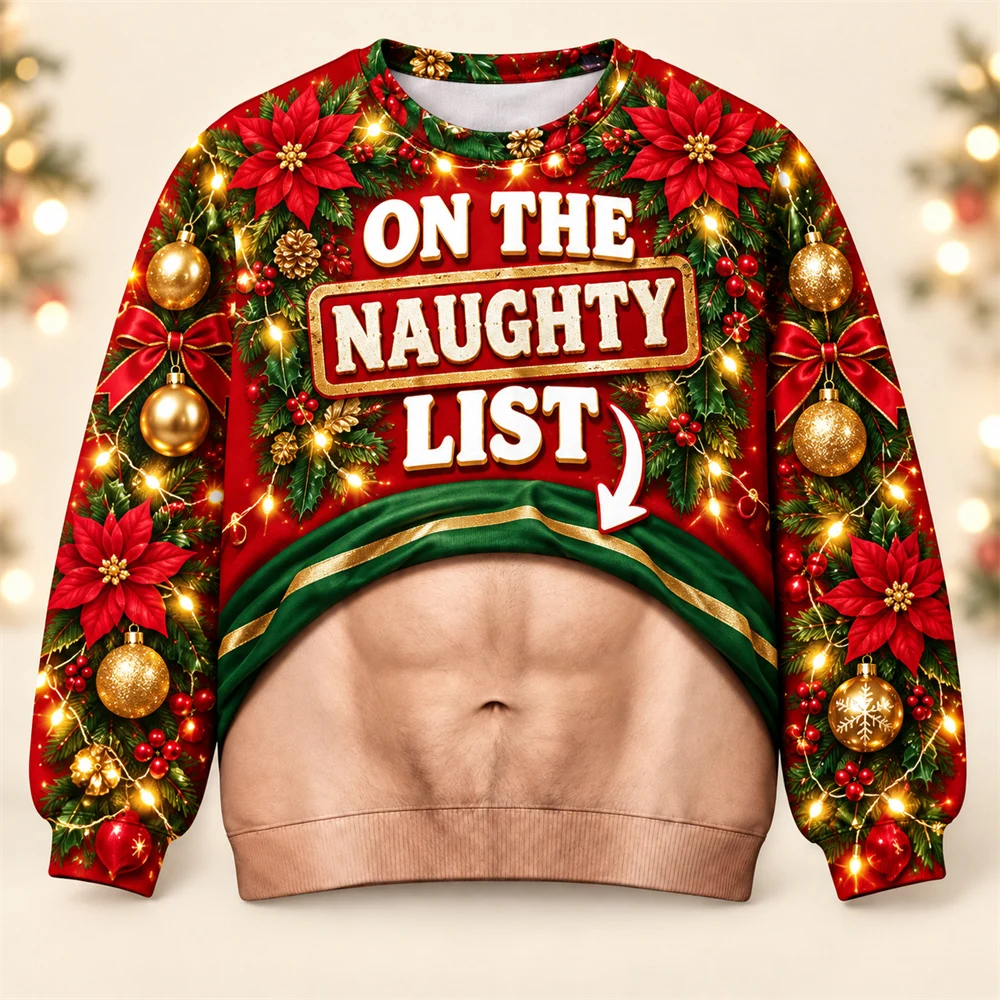 Mens Funny Belly Ugly Christmas Sweater On The Naughty List Full Print Santa Plaid Gingerbread Humor Crewneck Sweatshirt Party