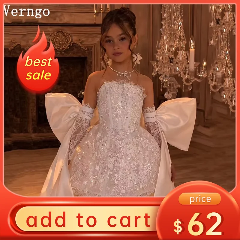 Verngo Luxury Lace Mini Girl Birthday Party Dress Strapless Bow Princess Kid Prom Dress Child Ceremony Girl Dress Customized