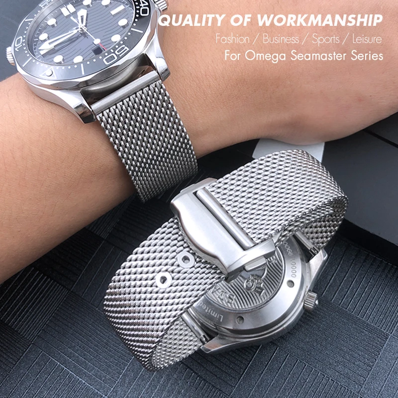 High Quality 316L Stainless Steel 19mm 20mm Watchband for Omega 007 Seamaster Speedmaster 300 Watch Strap Woven Metal Bracelets