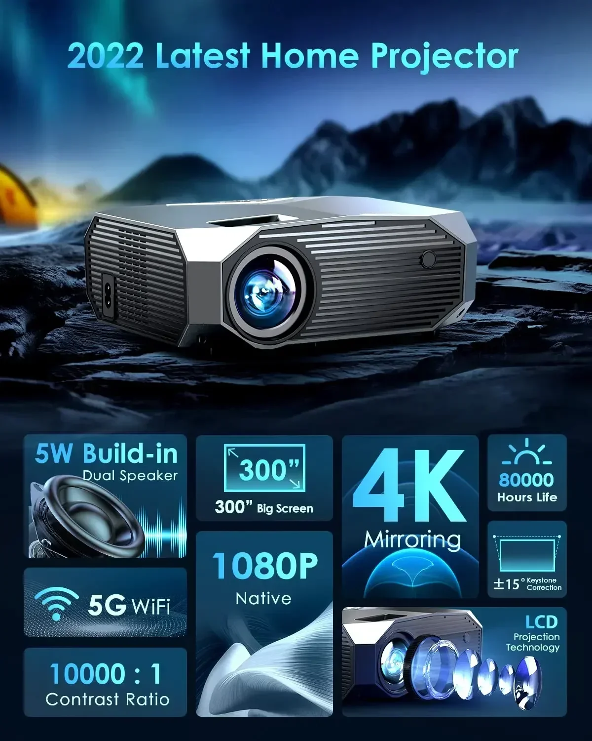 YOWHICK-Portable Video Projector, 5G WiFi and Bluetooth, Native 1080P, Outdoor, Support 4K, Home Theater, Movie Projector