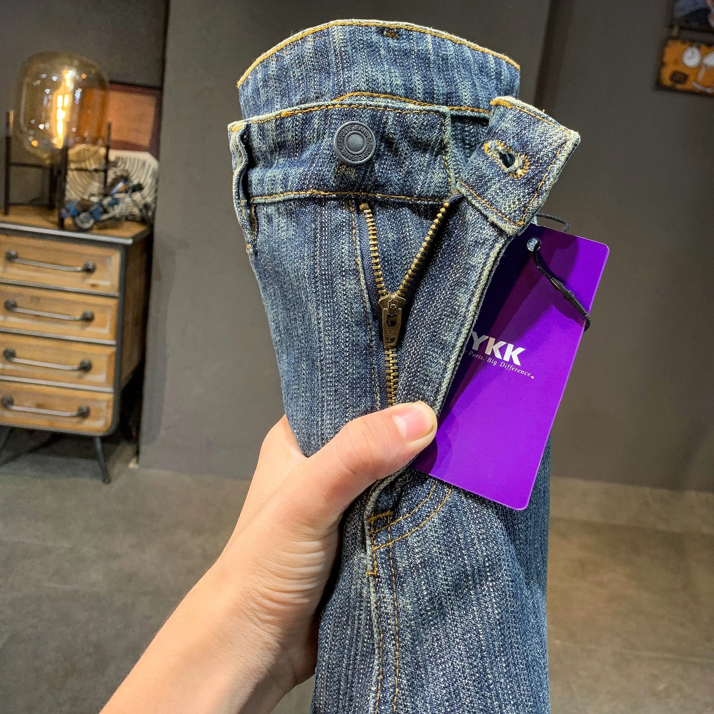 Hip Pop Retro Azul Baggy Fit Cargo Jeans Hombres Bolsillos laterales Sueltos Pierna ancha Pantalones empalmados para hombre