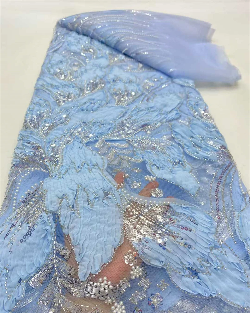 Tessuto di pizzo africano nigeriano di alta qualità con paillettes ricamate in tulle 5 metri con perline e pietra per abiti da ballo da cucire