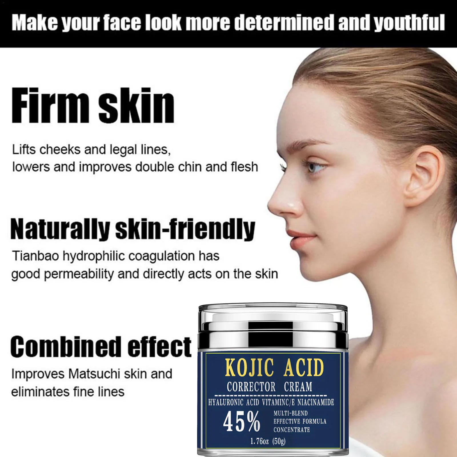 Qu acid correction cream, hyaluronic acid, vitamin E, niacinamide 45%, brightens skin tone