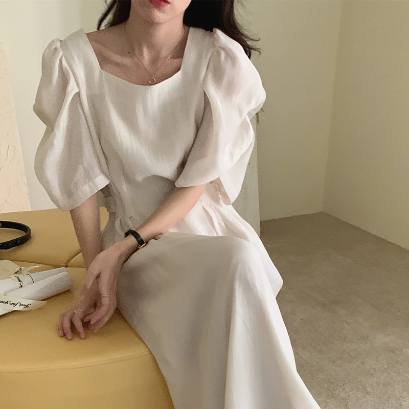 dress summer woman 2022 elegant Romantic long dress Square neck niche design Side waist button waist dress Korean style