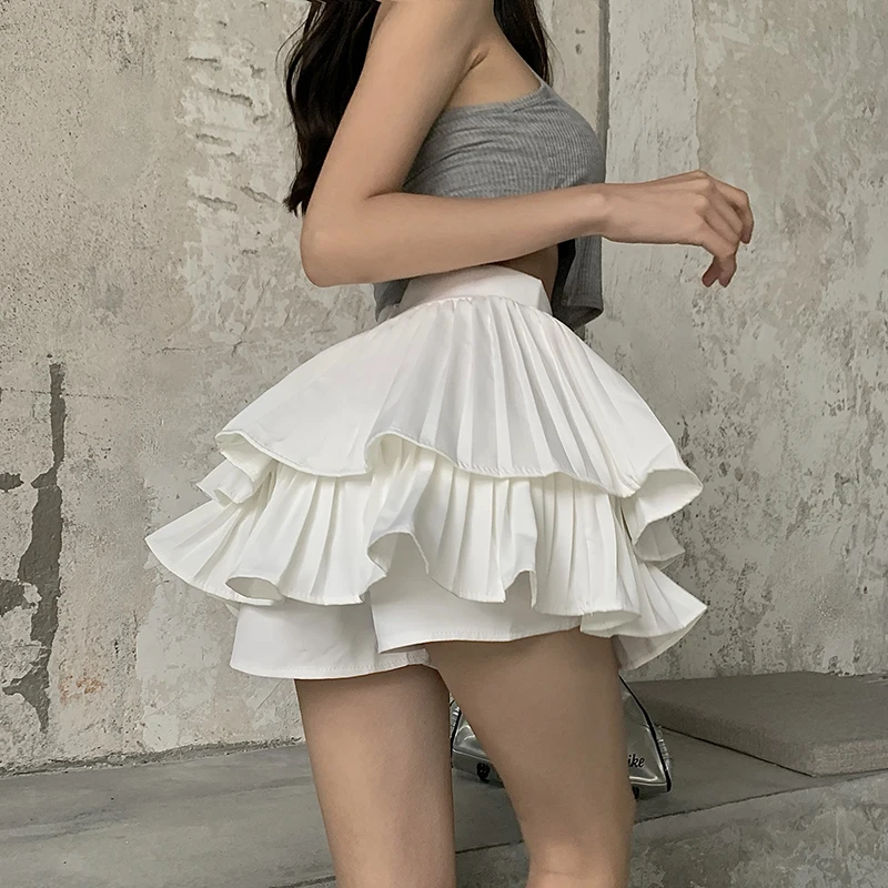 กระโปรงพลีทสองชั้นเอวสูง รุ่นใหม่สำหรับฤดูร้อน สไตล์หวานซ่อนเปรี้ยว ไซส์เล็ก สีขาว ทรงเอ หรือทรงเค้ก