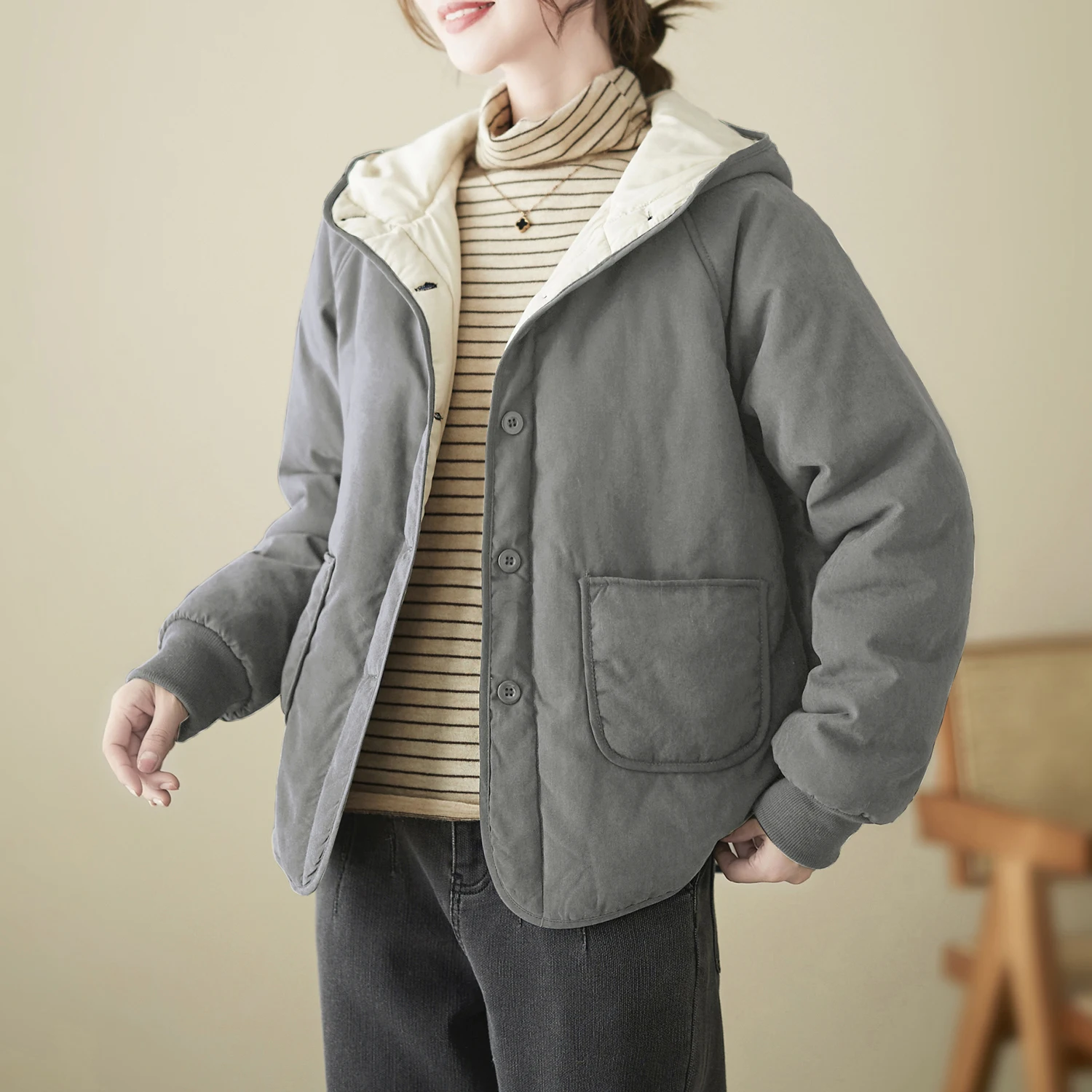 

Winter Thiened Cotton Jaet Women's Casual Hooded Inner Pure Color Large Size Faionable Outerwear Comfortable Cotton Coat