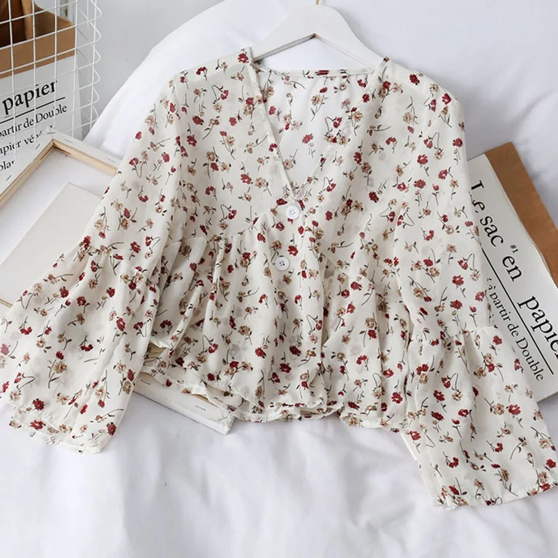 Long Sleeves Chiffon Shirt Women Loose Fit Floral Print Blouse Elegant Casual All-Match Breathable Sweet Versatile Summer