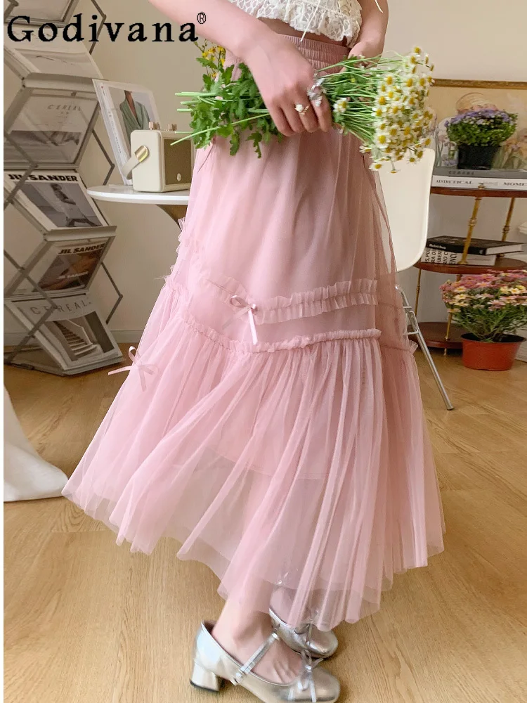 

Female Summer 2025 New French Big Swing Gauze Fairy Skirt High Waist A-line Fashion Versatile Sweet Bow Age-reducing Skirts