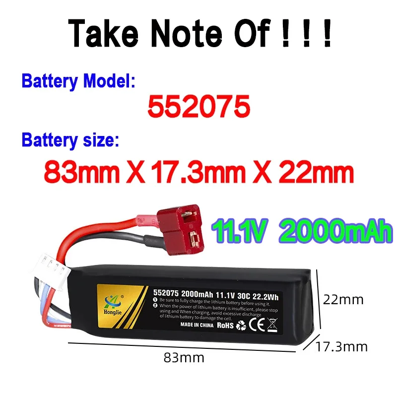 Miękki pocisk bateria 552075 bateria Lipo 11.1V 2000mah 30C T/SM/XT30 do pistoletu pneumatycznego Airsoft zabawka elektryczna część pistolety na wodę