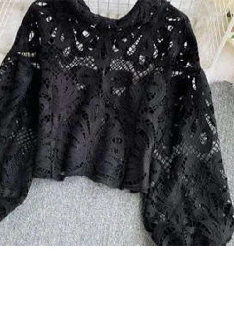 Seksowna koronkowa bluzka z wycięciami, codzienna koszula z długim rękawem typu lampion, stójka, elegancka damska bluzka w kolorze czerwonym/różowym/białym, luźny krój.