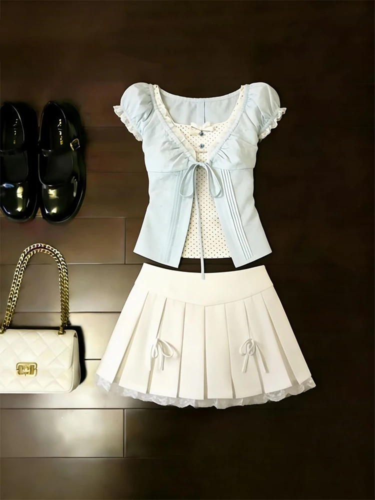 Summer 2026 Polka Dot Bubble Sleeve Shirt Cardigan Half Skirt Set Women's Fashion Sweet Style Regular Fit High Waist Gored Skirt