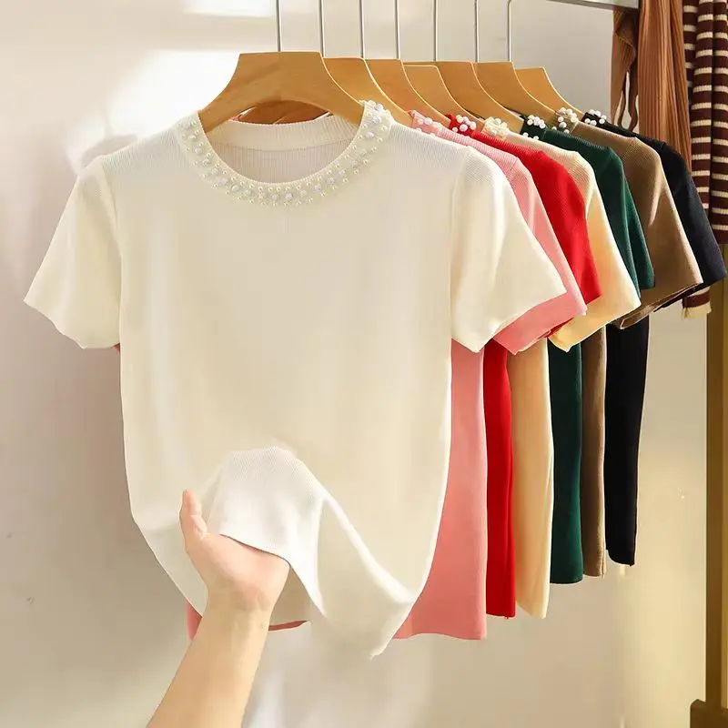 2024 New Summer Knitting Elegant Fashion T-shirts for Women High Waist Solid Color Embroidered Flares O Neck Short Sleeve Tops