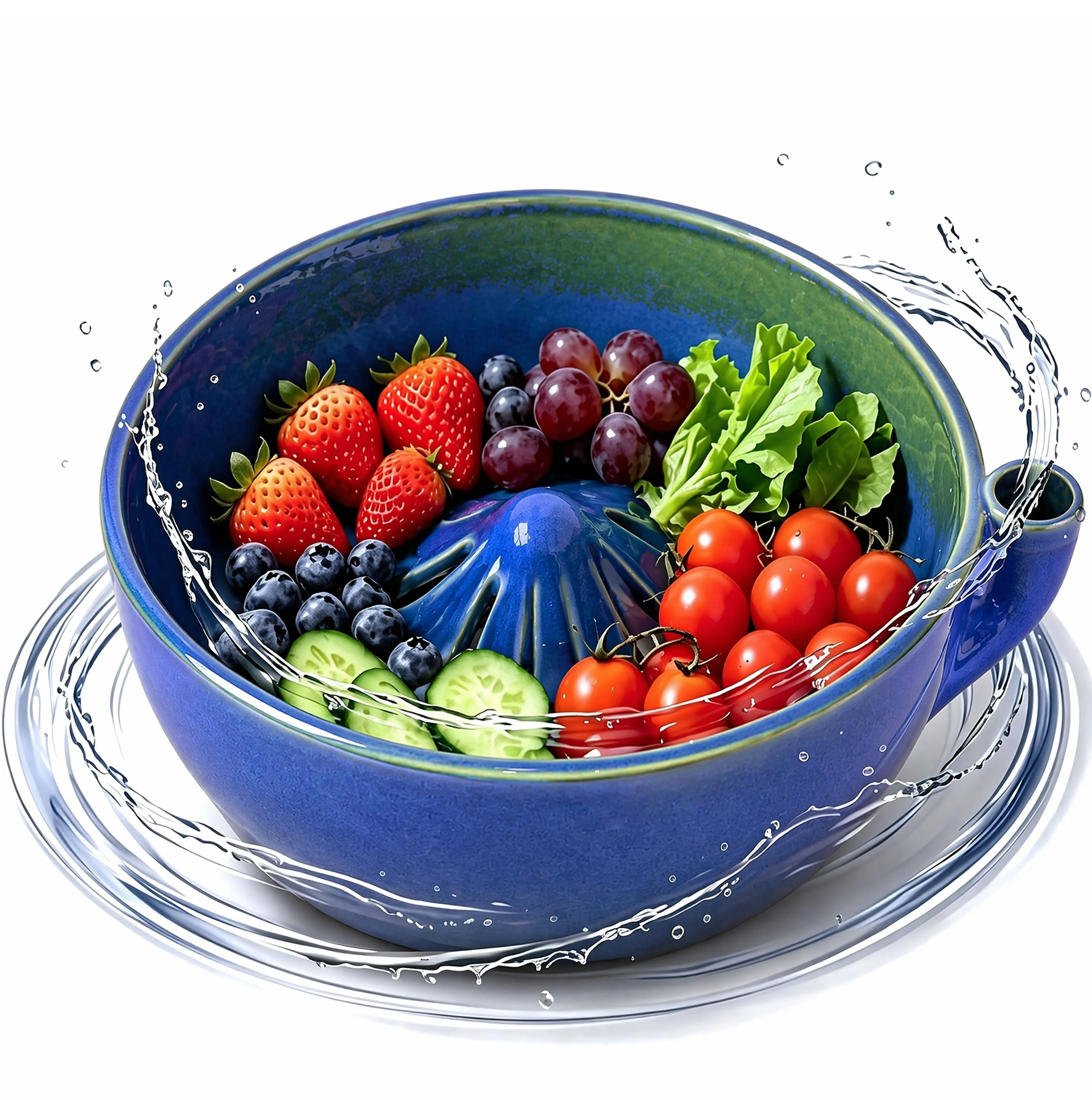 Self-Spinning Ceramic Berry Washing Bowl 7 Inch Fruit Cleaner with Drain Holes Gentle 360 Degree Vortex Action for