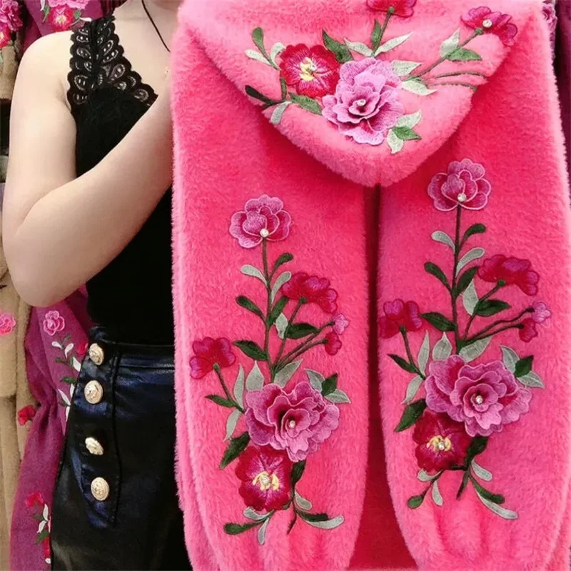 Women\'s Autumn And Winter Online Celebrity Explosions Embroidered Flowers Chinese Style Mink Wool Hooded Elastic Cardigan Coat