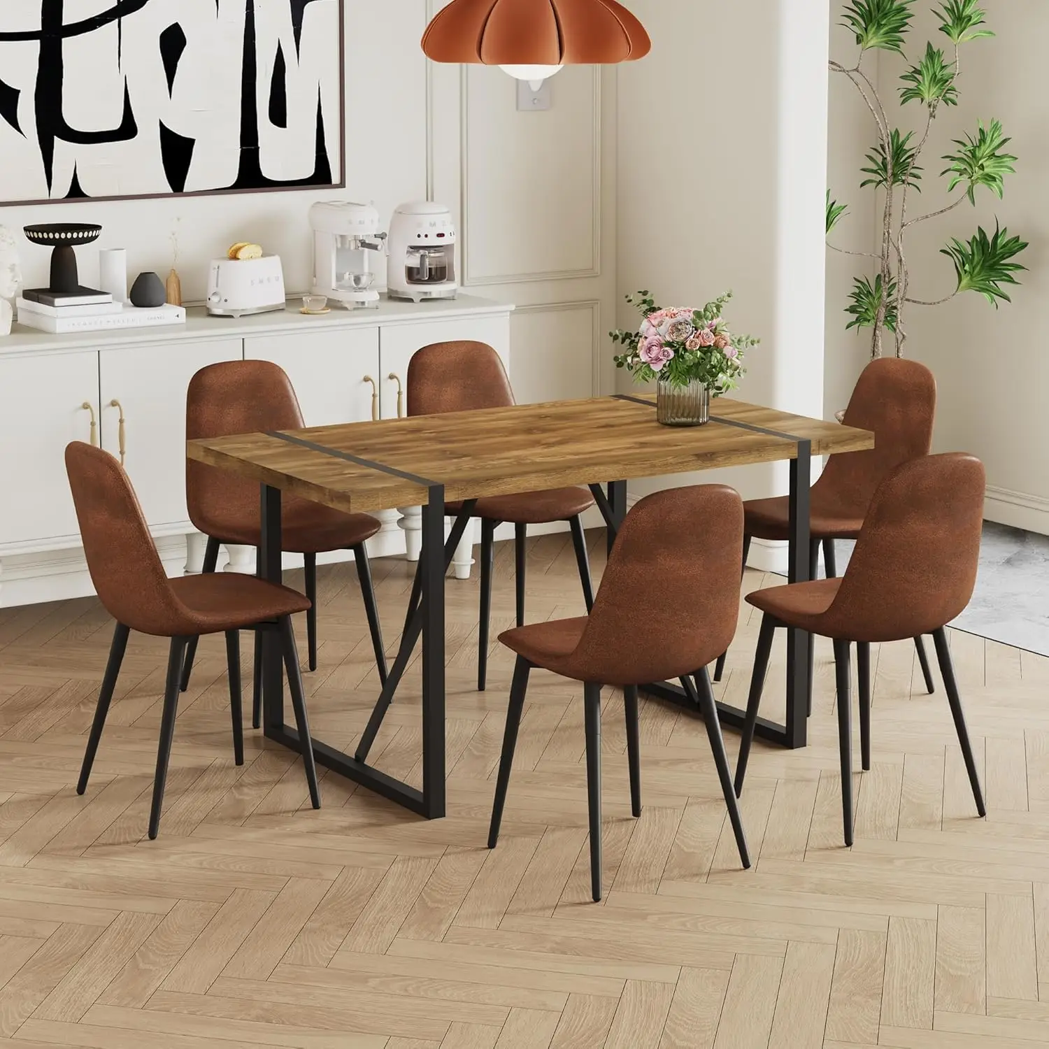 

Dining Table Set for 6 Modern Dark Wood Dining Table and Fabric Dining Chairs Set of 6 Table and Chairs Set of 6 Ideal