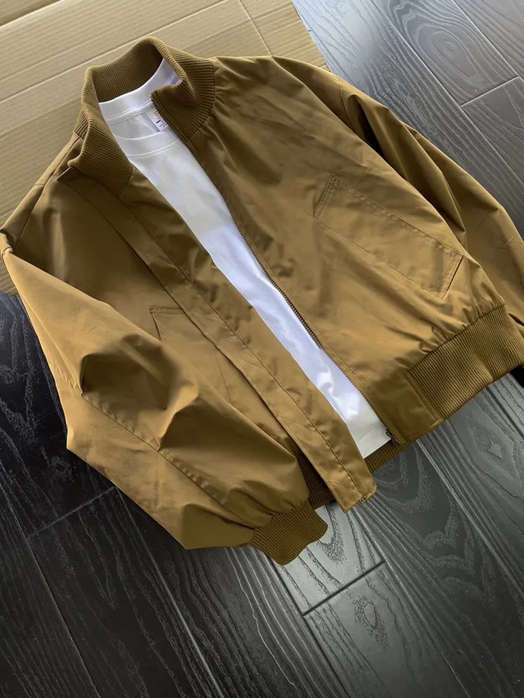 Brown American Style Pilot Jacket Men's Spring Autumn Short Stand Collar Baseball Coat Loose Fit High Street Fashion