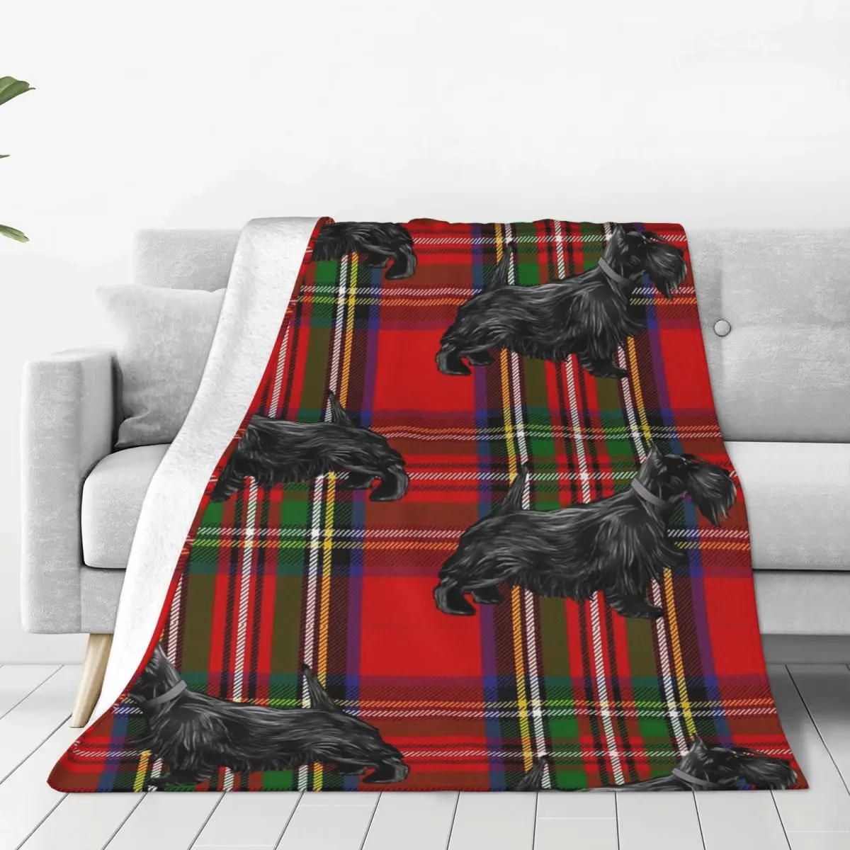 Scottie Dog On Red Scottish Tartan Blanket Flannel Warm Sofa Throw Blankets For Home Bedroom Outdoor Throws Bedspread Quilt