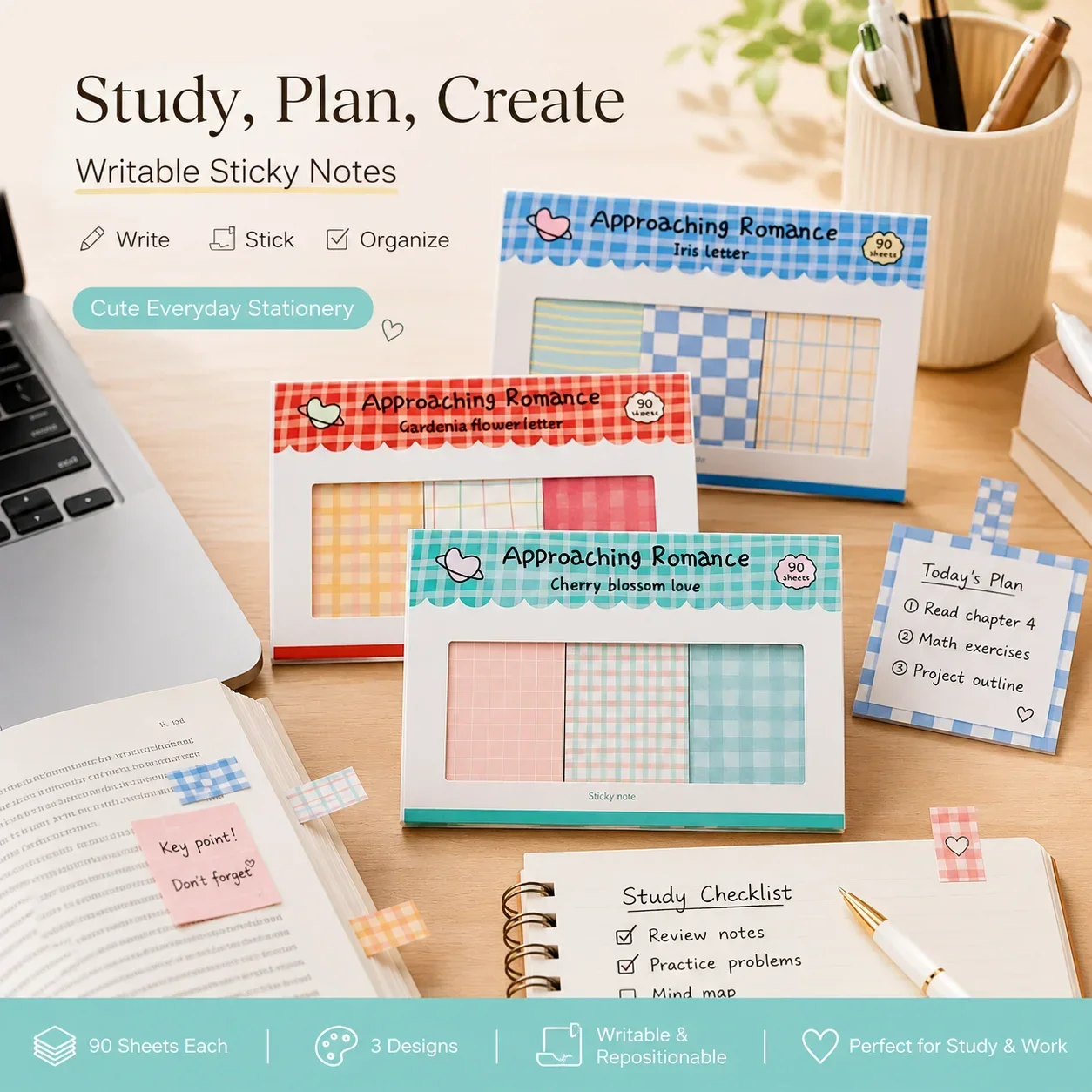 Plaid Sticky Note Pad Set, Romantic Series Scrapbook Decor, Basic Paper for Journaling and DIY Crafts
