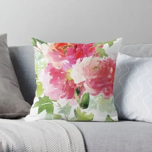 Wild Peonies Bouquet In Pink Watercolor  Printing Throw Pillow Cover Comfort Throw Bed Soft Decor Pillows not include One Side