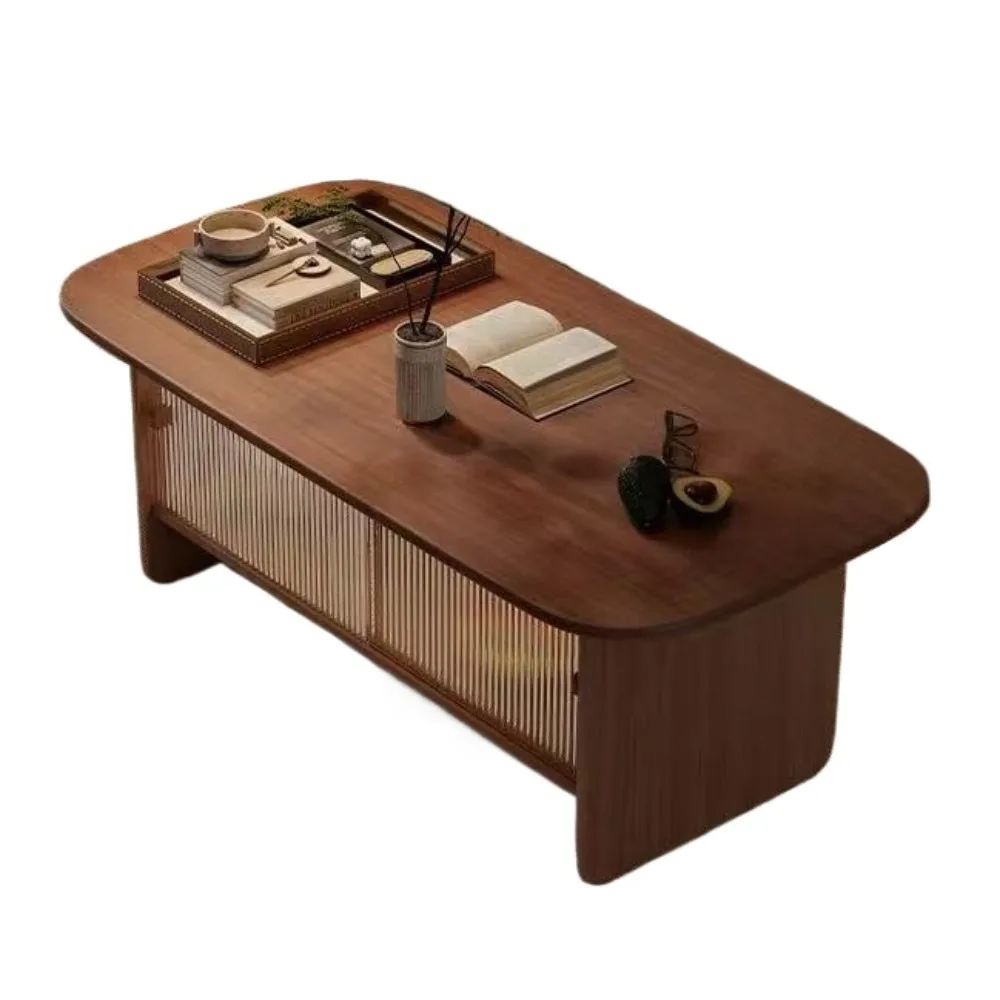 Medieval-style rectangular coffee table, solid wood, grooved glass doors, storage space, living room furniture