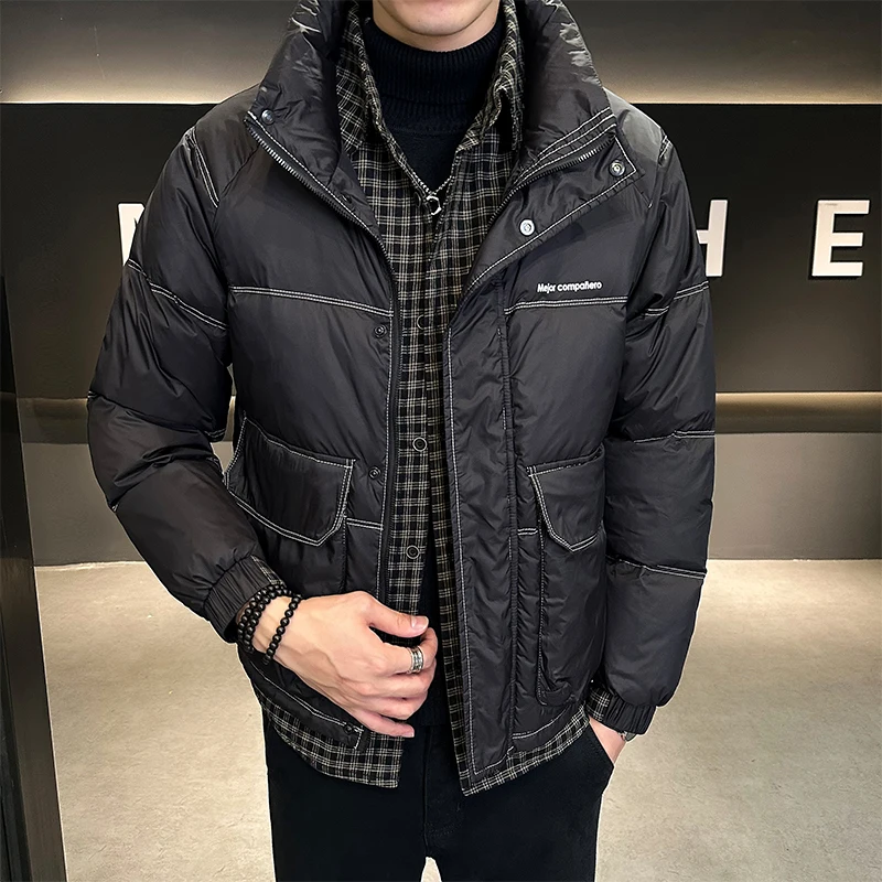 Men's Fashion Winter White Duck Down Jackets 2023New Mens Stand Collar All-match Fake Two Men's Big Pocket Down Jacket Outerwear