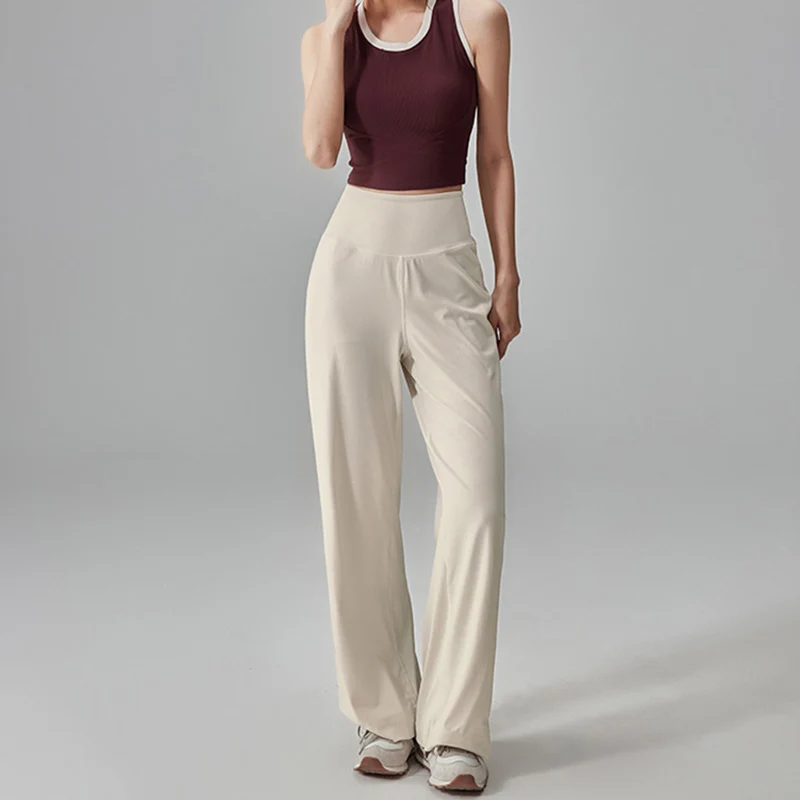 Pantaloni da yoga elastici a vita alta a gamba larga Pantaloni da yoga sexy per sollevamento fianchi da palestra Pilates Pantaloni sportivi dritti slim tinta unita