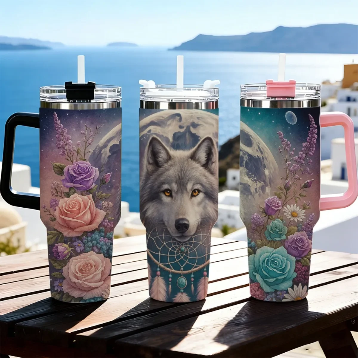 40oz Tumbler with Handle Floral Wolf Dreamcatcher Moon Starry Sky Print Insulated Cup, Other colors sold out, random black or white shipment for other color orders