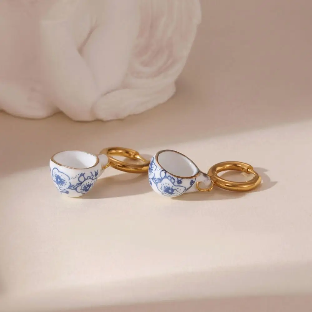 Chinese Style Ceramic Ear Buckle Dripping Oil Stainless Steel Blue and White Porcelain Earrings Flower Hand Drawn