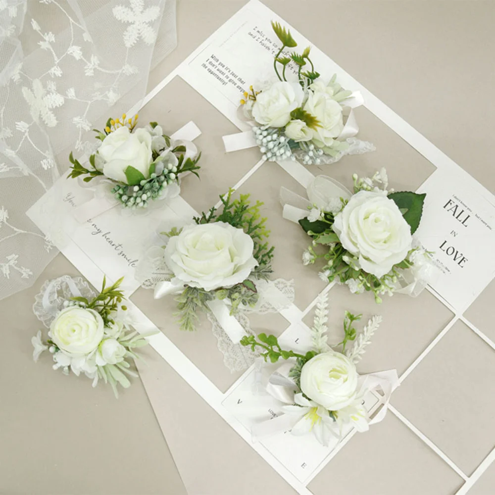 Witte Zijden Roos Bruiloft Boutonnieres Voor Mannen Spelden Kunstbloemen Bruidsmeisje Corsage Pols Bruids Accessoires De Mariage