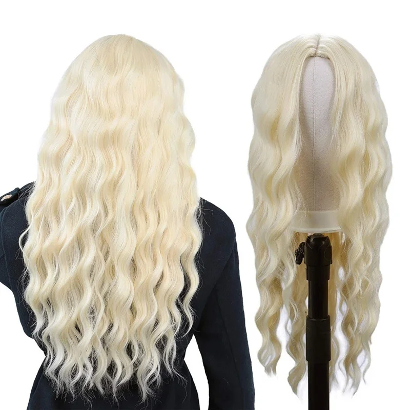 - , medium-parted wavy long curly hair wig
