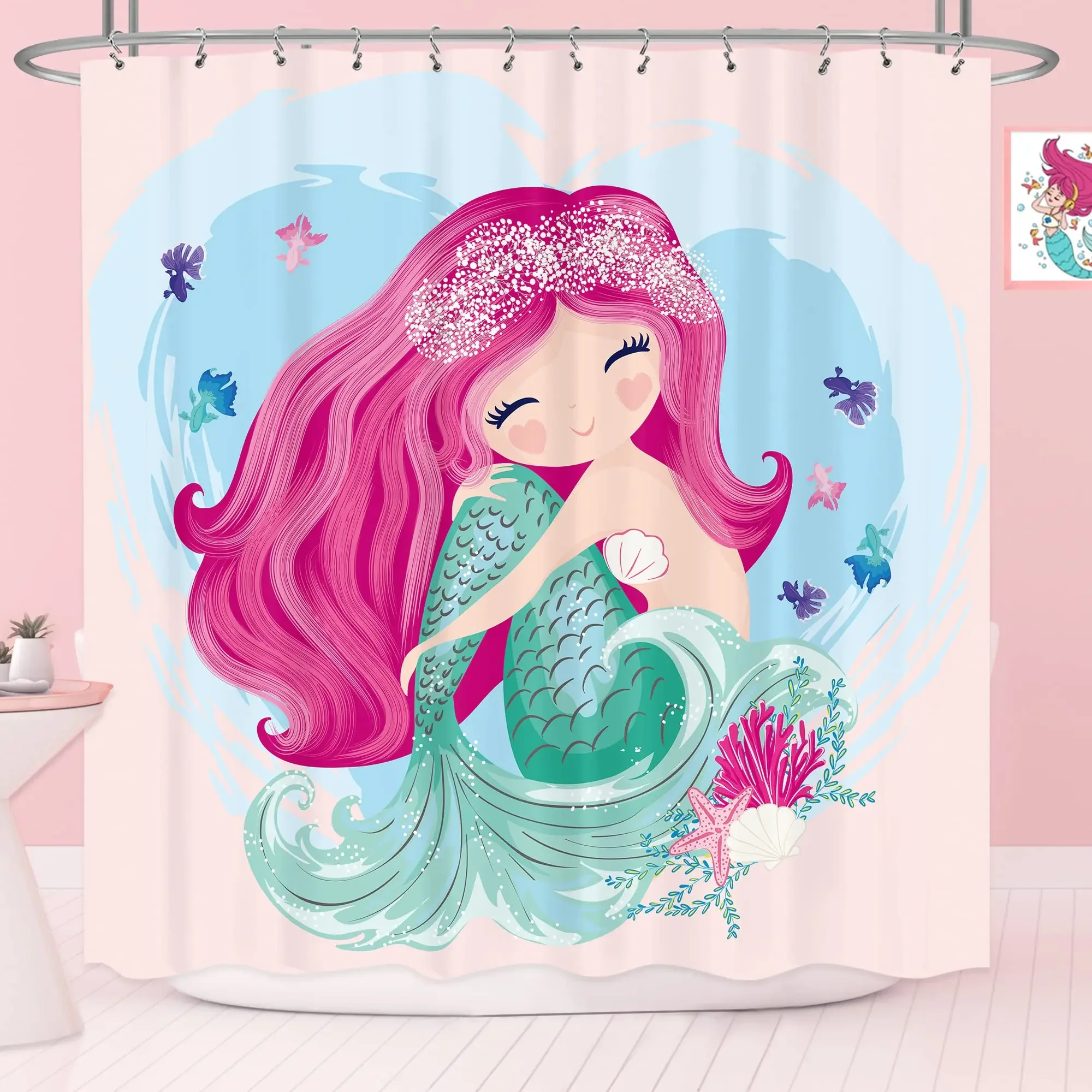 Mermaid Shower Curtain Tail Fish Girls Kids Cartoon Ocean Heart Colorful Purple Hair Seaweed Bath Decor Set Waterproof Fabric