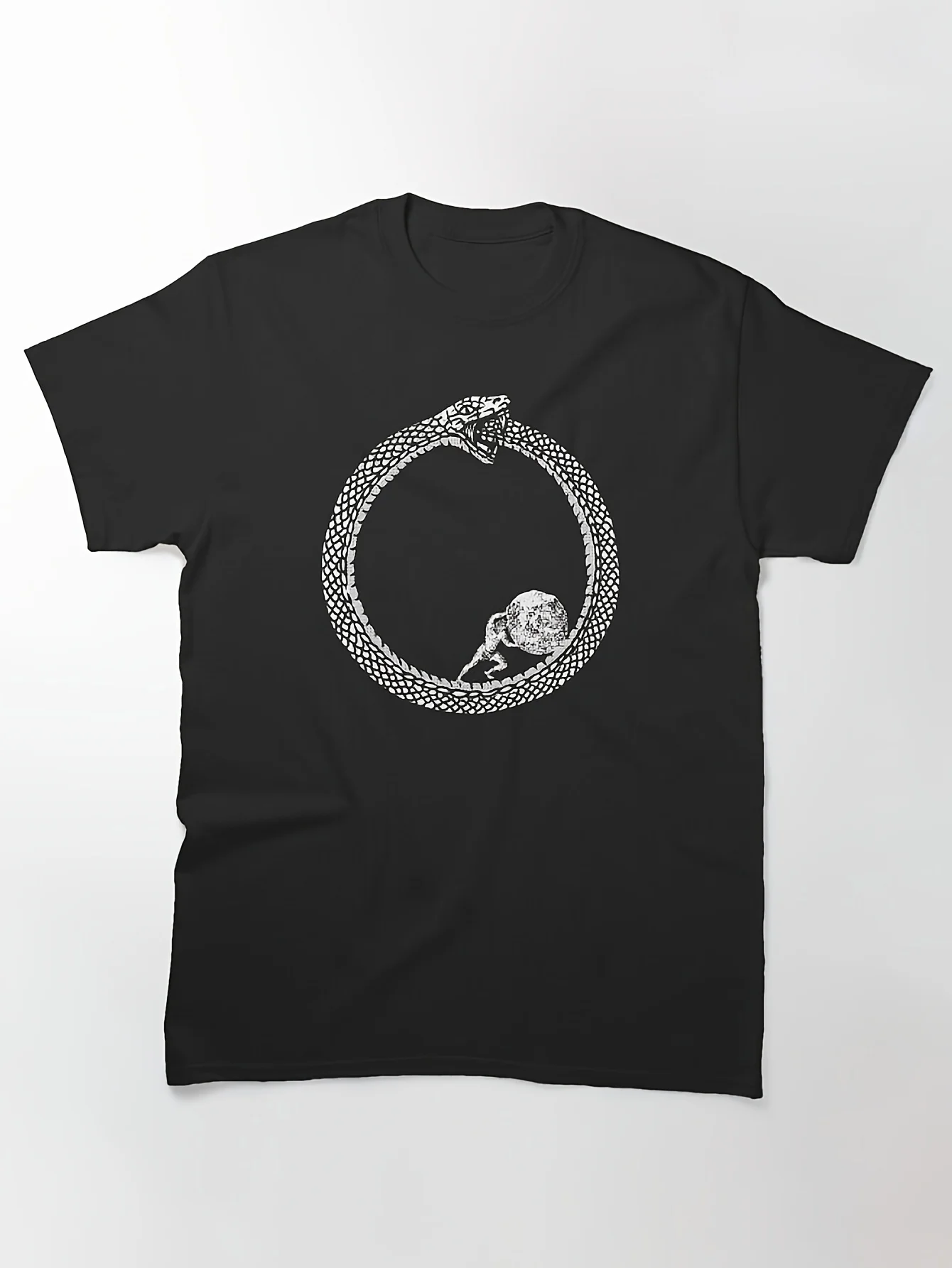 2026 Top PickMen Unisex Greek Mythology T-Shirt - Sisyphus Ouroboros Snake Print, Black Cotton Crew Neck Short Sleeve Tee, Regul