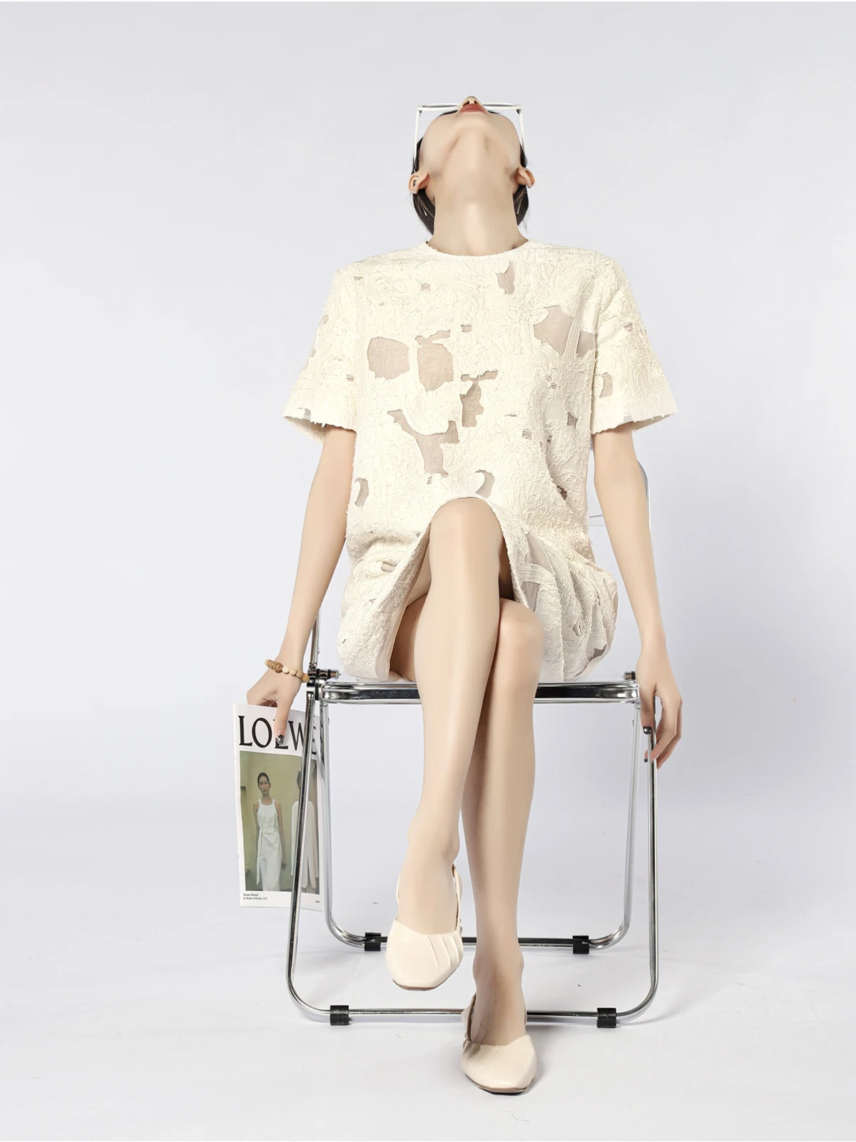 فستان ميدي أنيق مطرز باللون البيج بنمط غير منتظم على الطراز الصيني فضفاض تنورة طويلة كاجوال صيفي وصول جديد