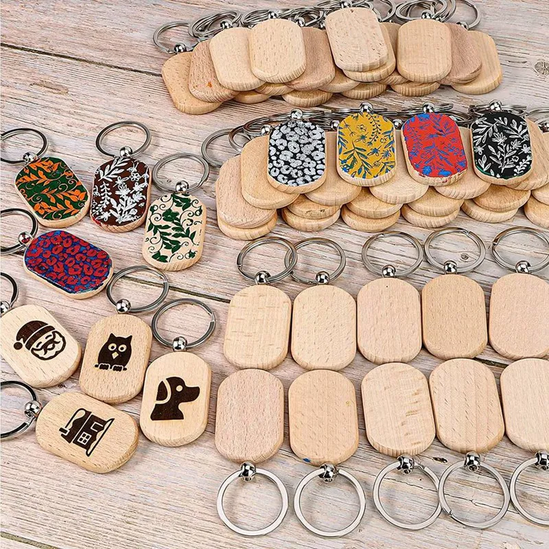 70 PCS Wood Engraving Blanks Key Chain Unfinished Rectangle Round Wood Key Tag For DIY Crafts