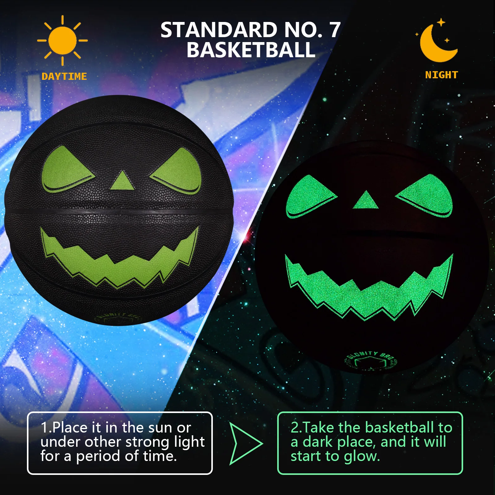 كرة السلة Jack-O'-Lantern للهالوين مقاس قياسي 7 للاستخدام الخارجي والداخلي للرجال والنساء كرات مضيئة على شكل يقطين للاستخدام الليلي المتوهج