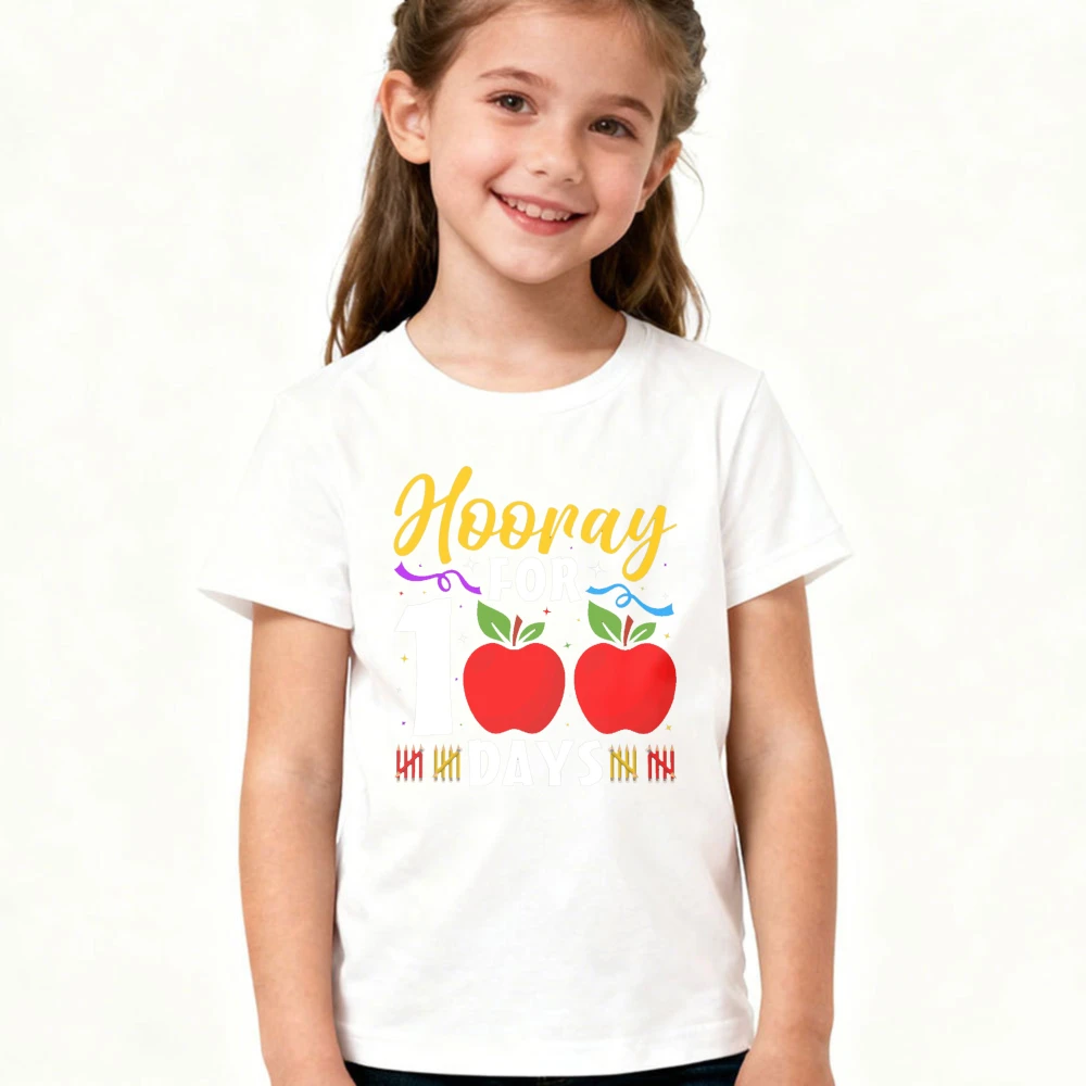 100 Days of School Crayon Apple Graphic Tee Kids Girls Cotton Short Sleeve Student's New Term Gift Fashion Tshirt Child Shirt
