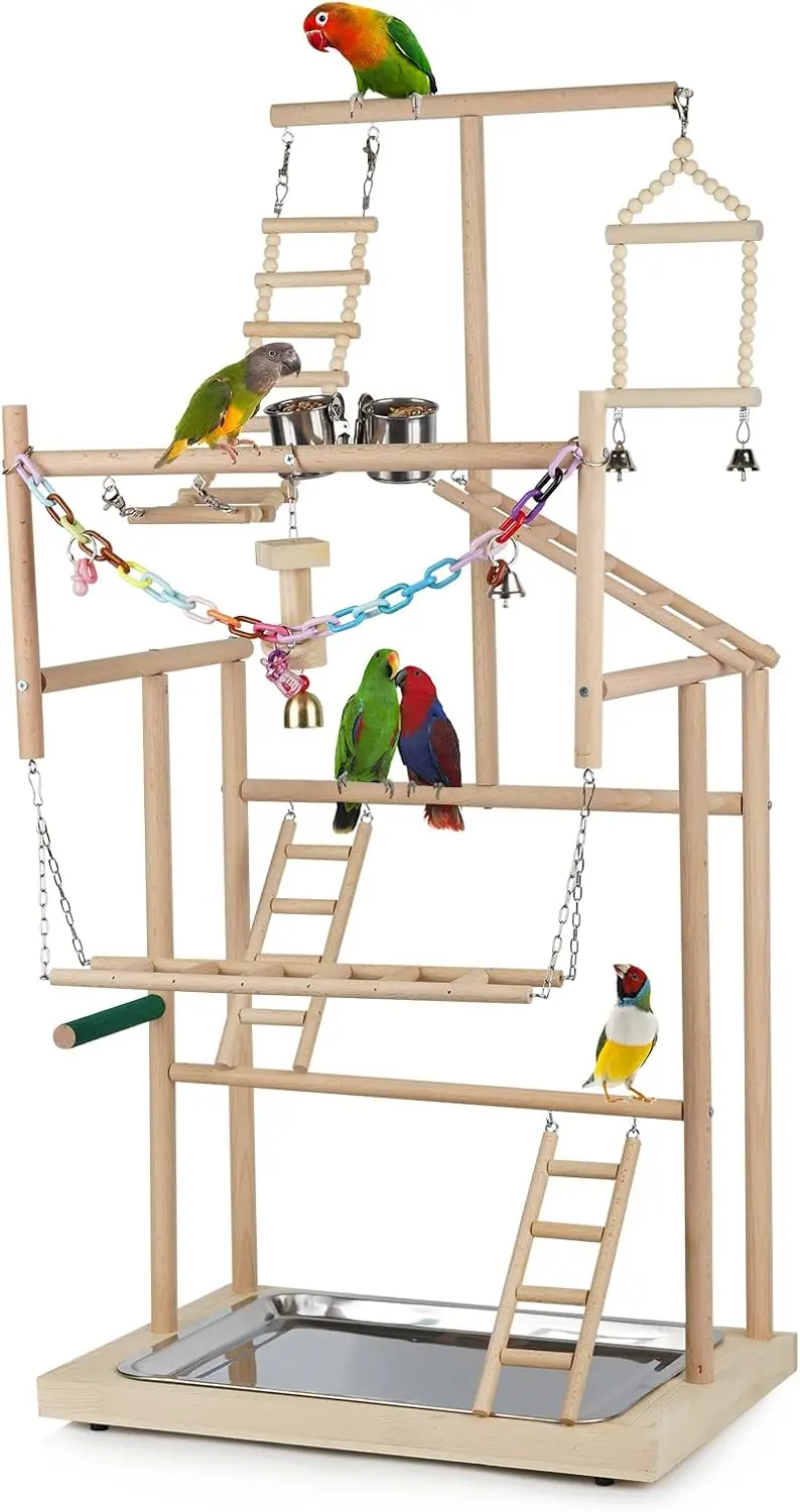 

4-Layer Wooden Bird Playstand with Feeder Cups and Bells for Parrots, Cockatiels, and Small Birds